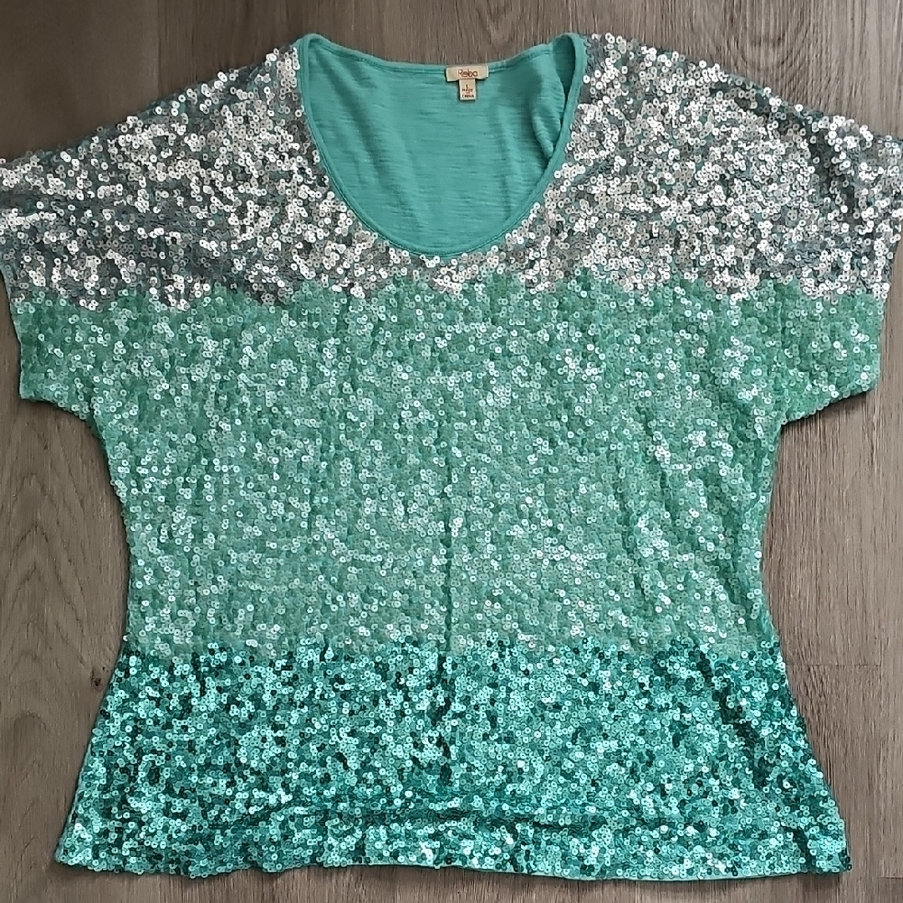 Reba Sequined Ombre Tee in Silver and Mint Green